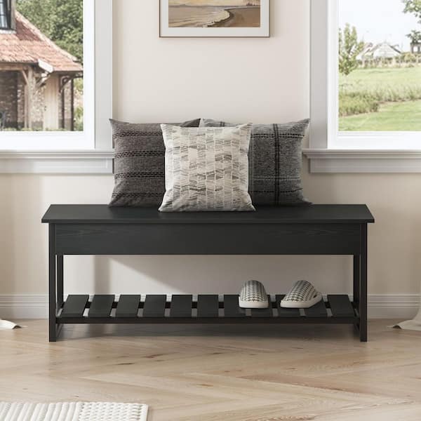 Black Entryway Shoe Storage Bench with Shelf (17.7 in H x 47.2 in W x 15.7 in. D)