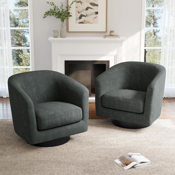 Modern Gray Chenille Upholstered 360°Swivel Accent Arm Barrel Chair With Wood Base(Set of 2)