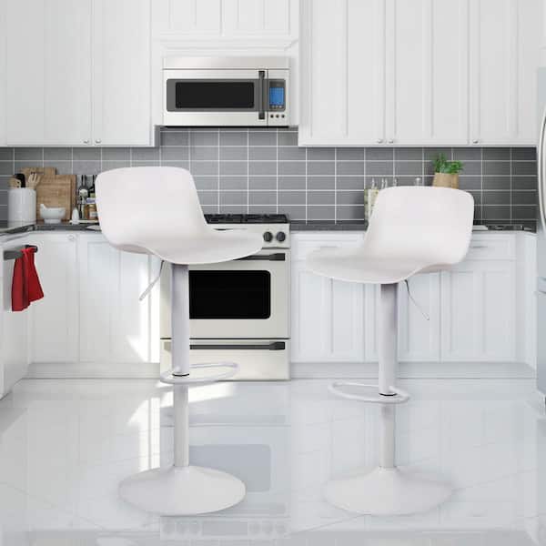 Solid Color Molded Plastic 32 in. White, Low Back, White Matte Metal Bar Stool (Set of 2)