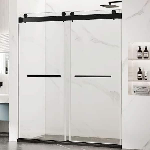48 in. W x 76 in. H Freestanding Double Sliding Frameless Shower Door /Enclosure in Matte Black Finish