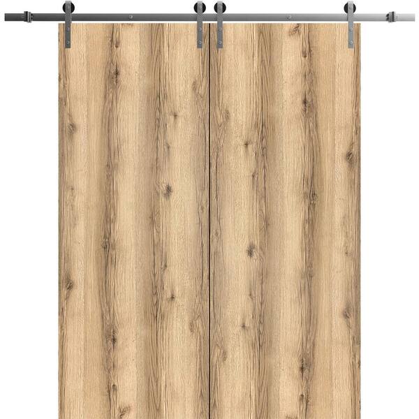 Sartodoors 0010 48 in. x 84 in. Flush Oak Finished Wood Sliding Barn Door with Hardware Kit Stailess