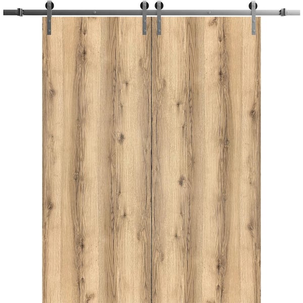 Sartodoors 0010 48 in. x 96 in. Flush Oak Finished Wood Sliding Barn Door with Hardware Kit Stailess