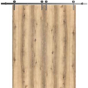 0010 56 in. x 80 in. Flush Oak Finished Wood Sliding Barn Door with Hardware Kit Stailess