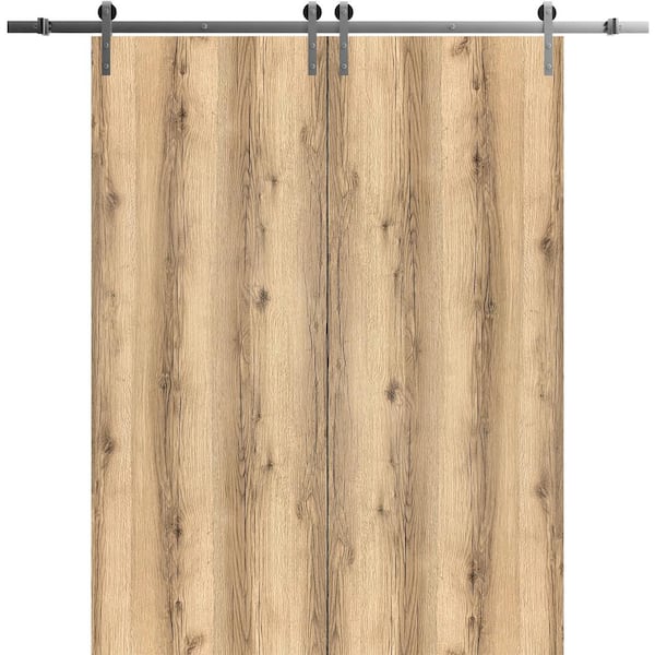 Sartodoors 0010 72 in. x 80 in. Flush Oak Finished Wood Sliding Barn Door with Hardware Kit Stailess
