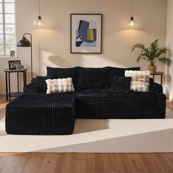 LBB 96 in. Arm 2-Piece Modern Plush Corduroy L-Shape Modular Sectional Sofa Boneless Couch in Black with Left Chaise