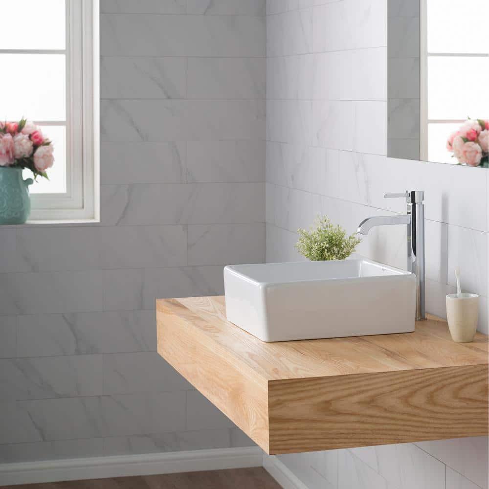 White Ceramic Square Vessel Sink with Chrome Faucet