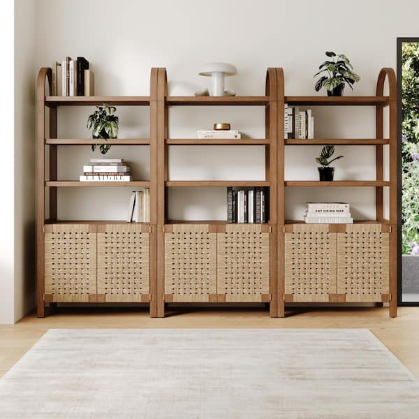 Nathan James Aerie 71 in. Tall Light Brown Boho Solid Wood 3-Shelf Arched Bookcase Cabinet with Woven Seagrass Doors, (Set of 3)
