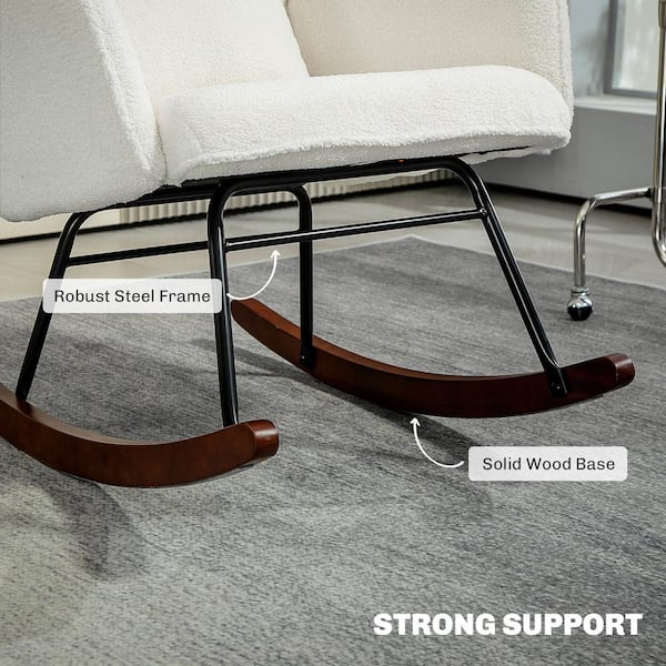 Upholstered Rocking Chair with Headrest and Lumbar Pillow, High-Back Boucle Rocker with Steel Frame, Cream White