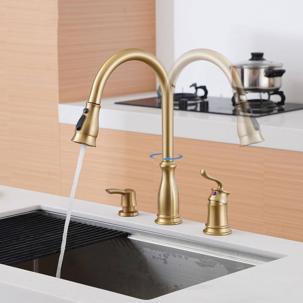 Brushed Gold Stainless Steel Pull Down Kitchen Faucet with Soap Dispenser