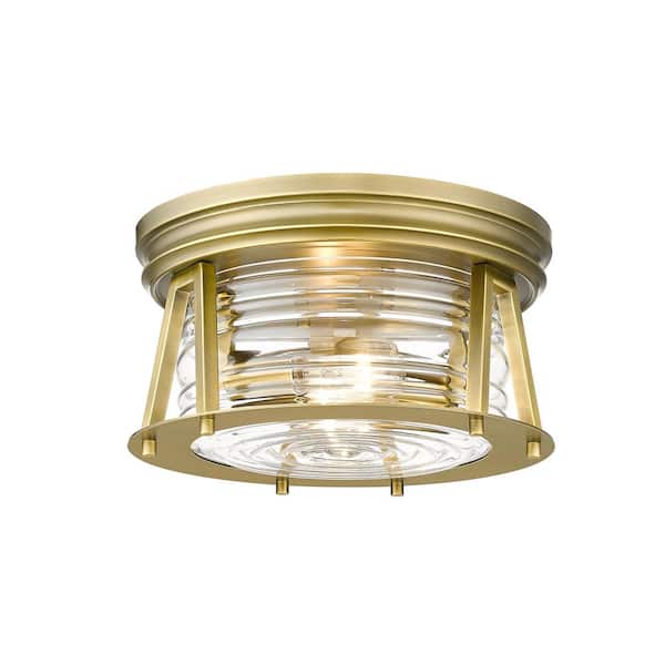 Unbranded Cape Harbor 12 in. 2-Light Rubbed Brass Flush Mount Light with Glass Shade