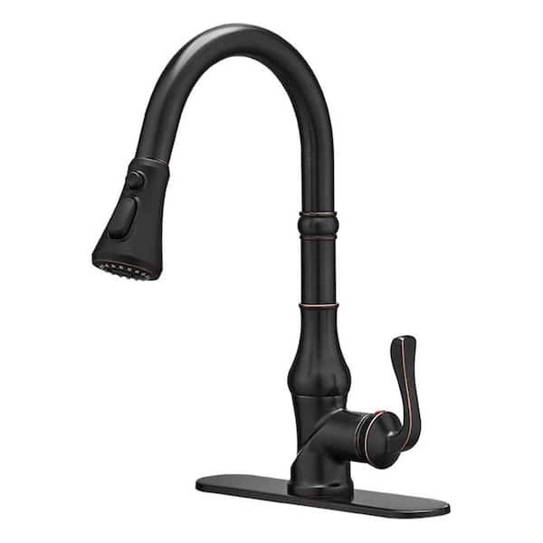 FLG Single-Handle Deck Mount Gooseneck Pull Down Kitchen Faucet with Sprayer and Deckplate Included in Oil Rubbed Bronze