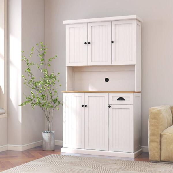 Tileon MDF Pantry Organizer, White Special Shape Square Handle Design with 4-Doors and Double Storage Sideboard