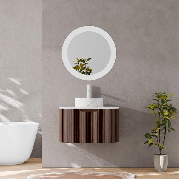 Baye 24 in. W Floating Dark Walnut Bath Vanity with White Textures Ceramic Sink and Engineered Marble Top Unassembled
