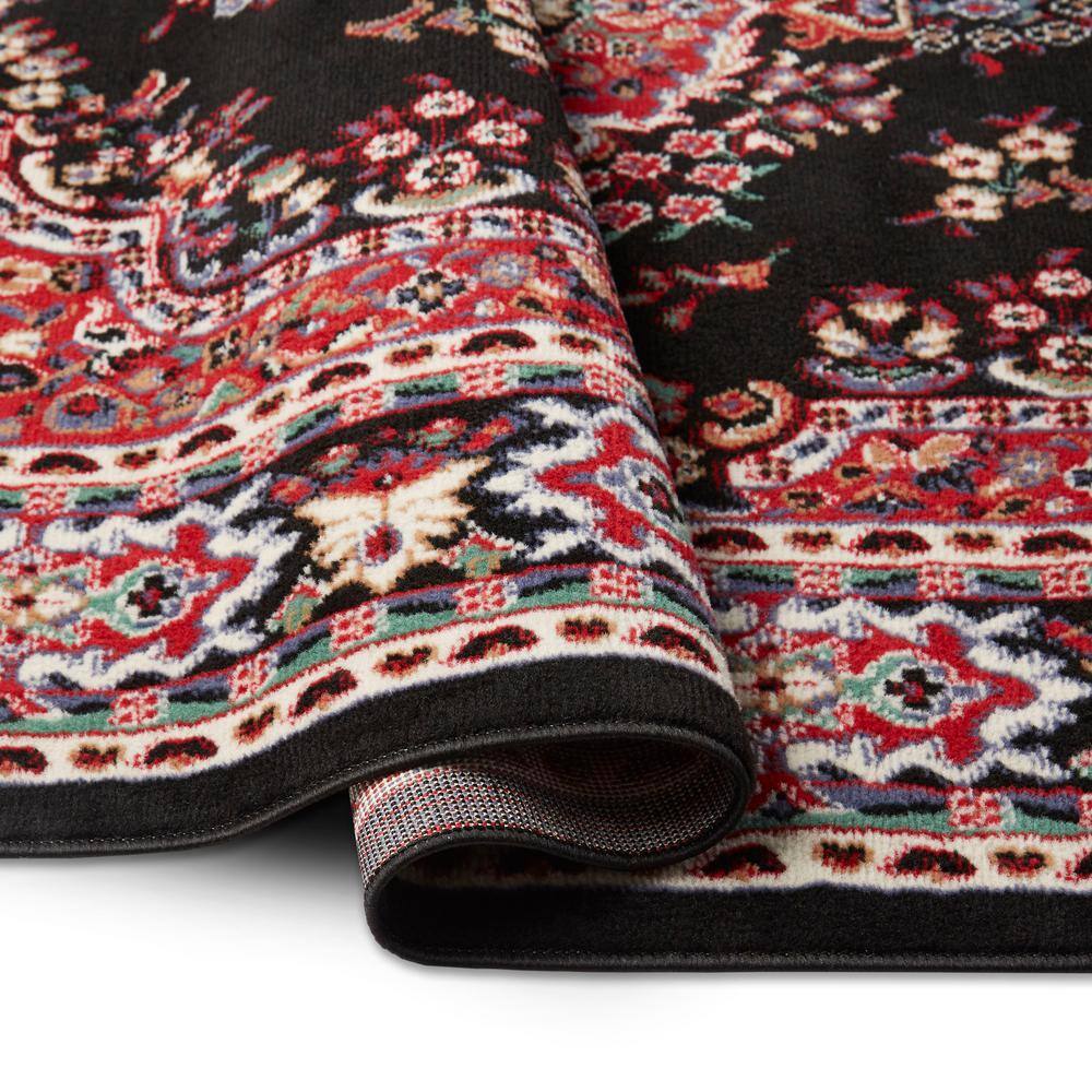Black and Red Traditional Medallion Area Rug with Jute Backing