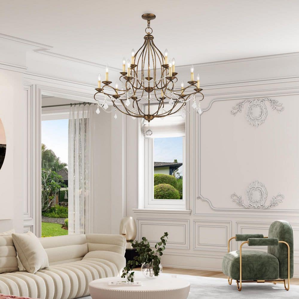 Chesterfield 15-Light Crystal Cascade Chandelier in Venetian Golden Bronze