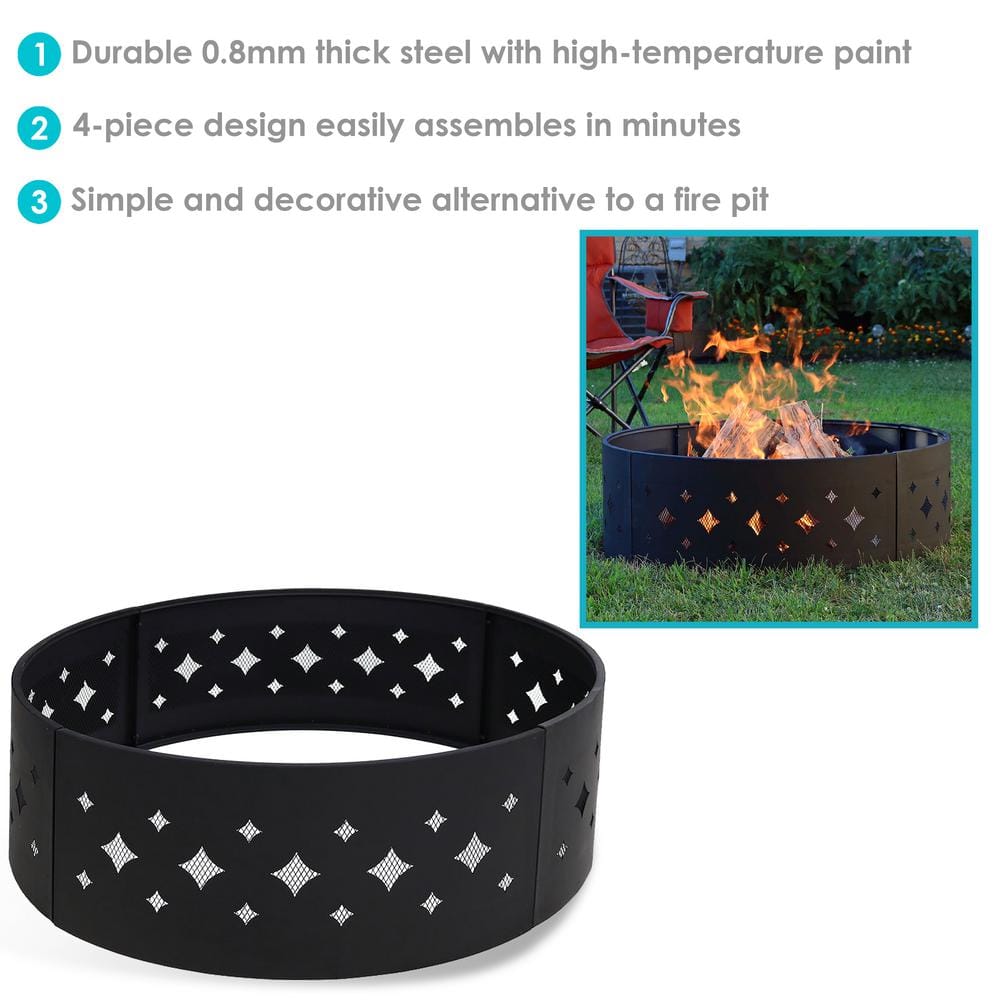 Sunnydaze 36-Inch Black Steel Wood-Burning Fire Pit Ring with Diamond Cutouts