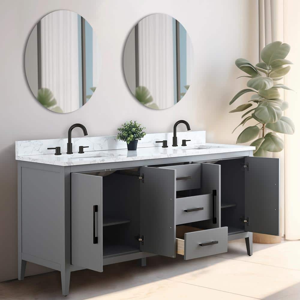 72" Cashmere Gray Double Sink Vanity with Engineered Marble Top