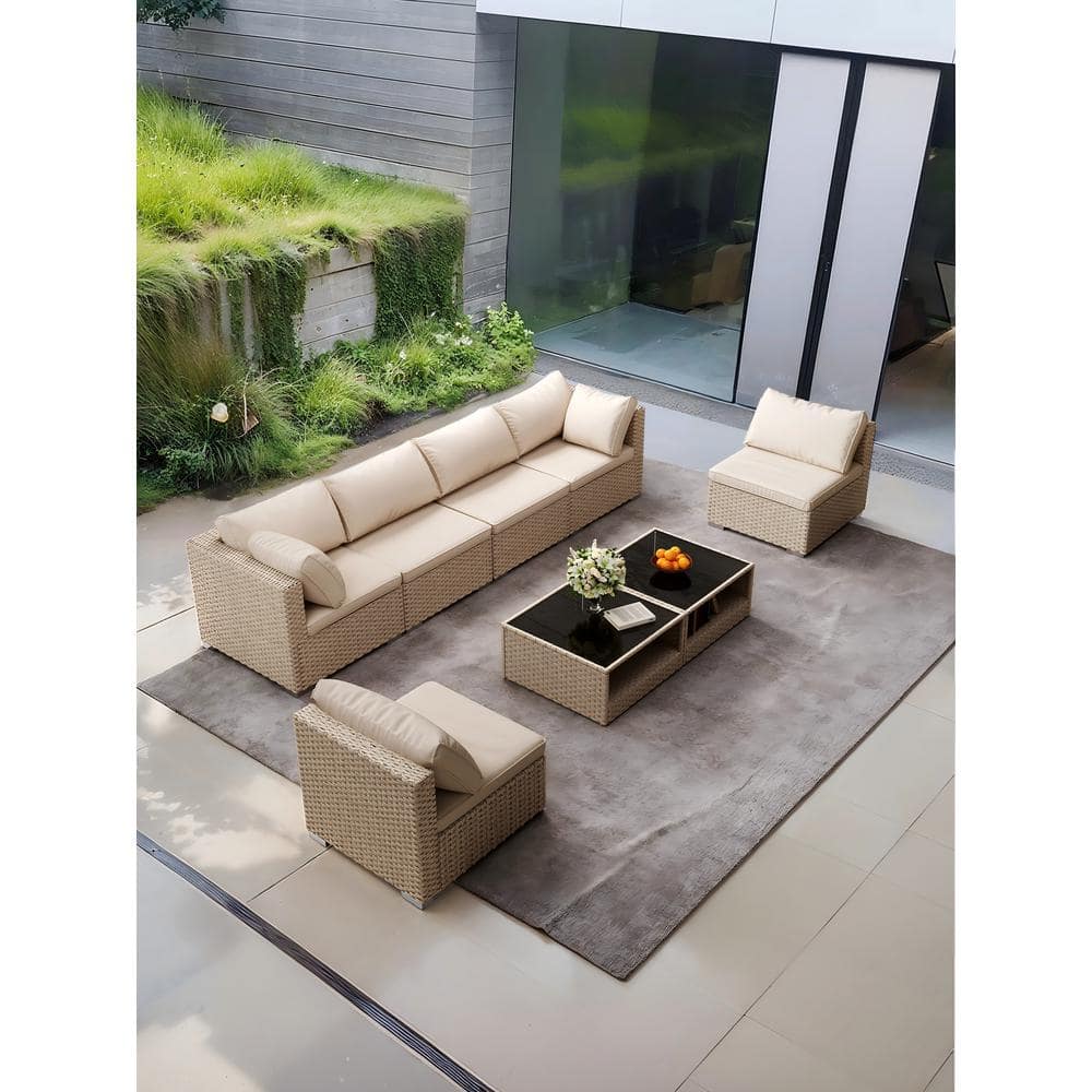 8-Piece Wicker Outdoor Patio Furniture Set, Boho Patio Glass Coffee Table S