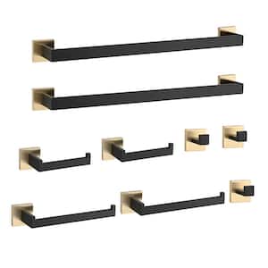 9-Piece Bath Hardware Set with Towel Bar Toilet Paper Holder Towel Hook in Stainless Steel Black Plus Brushed Gold