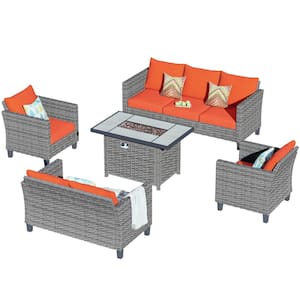 New Star Gray 5-Piece Wicker Patio Rectangle Fire Pit Conversation Seating Set with Orange Red Cushions
