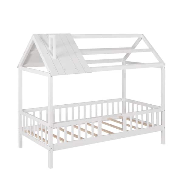ATHMILE White Twin Size Wood House Bed with Fence