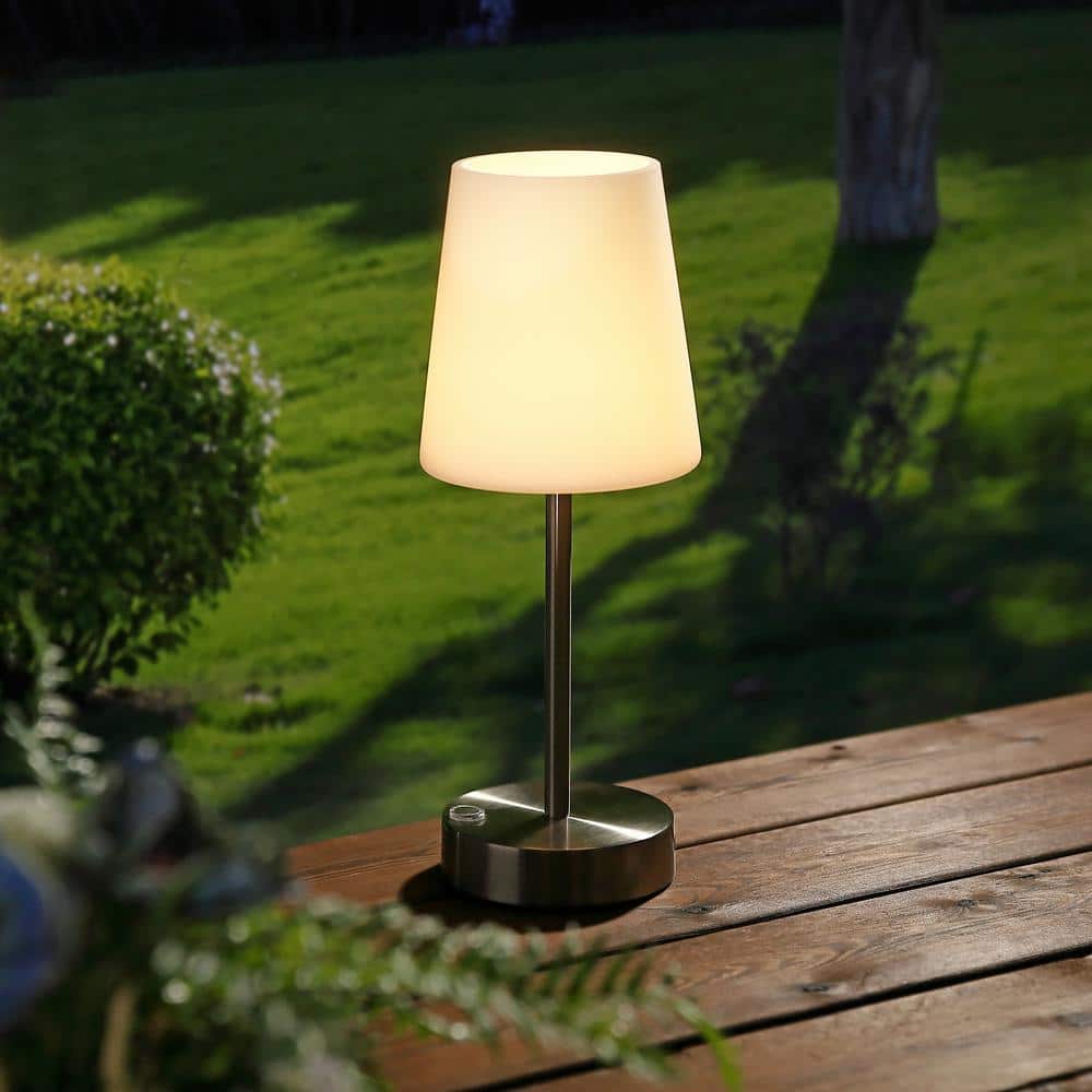Nickel Cordless Rechargeable LED Table Lamp with Frosted Glass Shade