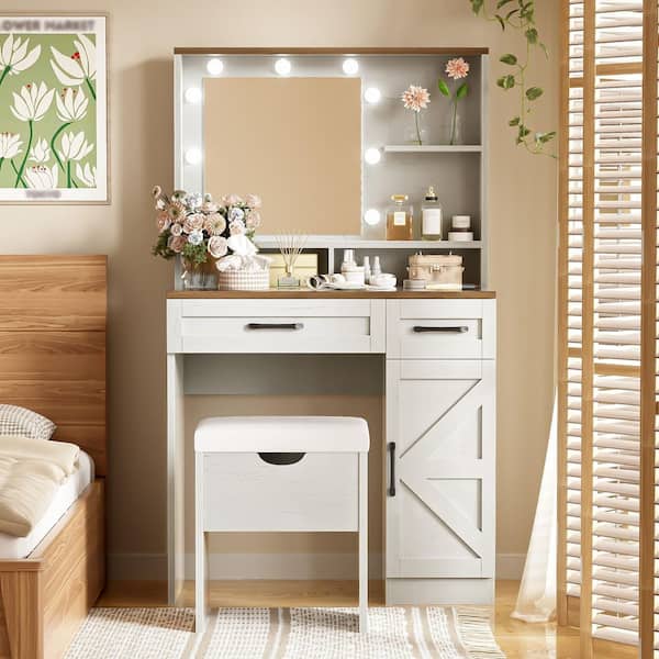 Brown and White 31.5 in. W Makeup Vanity with 2 Drawers, Dresser with 3 Lighting Modes and Stool