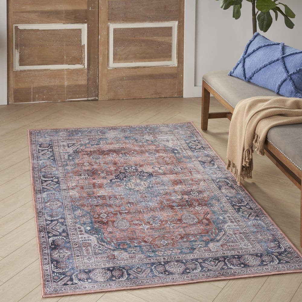 Blue Floral Rectangular Washable Synthetic Rug 5'3" x 7'3"