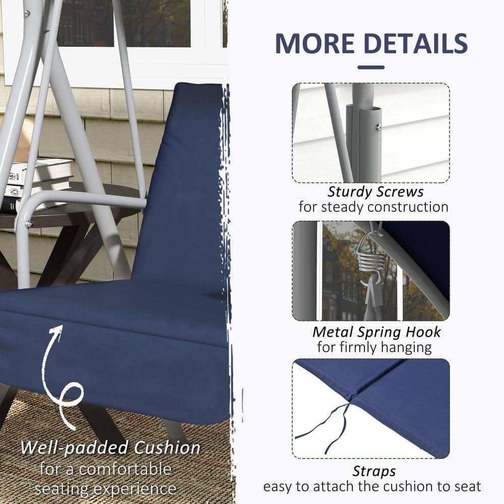 Dark Blue Metal 2-Person Porch Swing with Canopy and Cushions