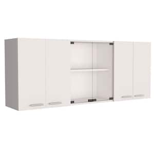 59-in W x 12.4-in D x 24-in H in White Plywood Ready to Assemble Kitchen Cabinet w/Shelf and 2-Door Center Glass Cabinet