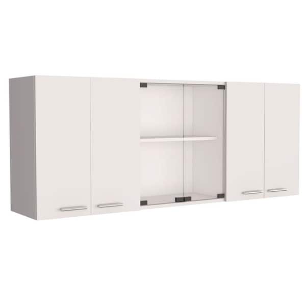 Unbranded 59-in W x 12.4-in D x 24-in H in White Plywood Ready to Assemble Kitchen Cabinet w/Shelf and 2-Door Center Glass Cabinet