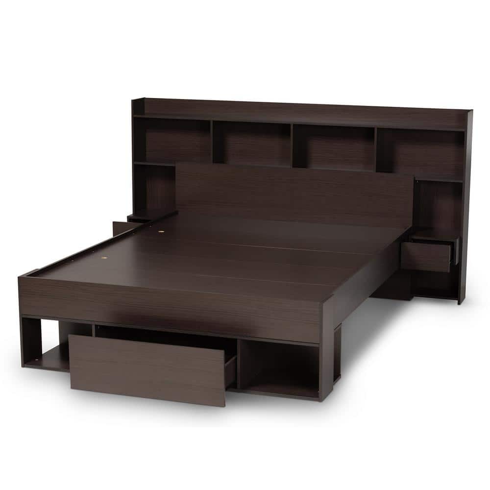 Dexton Dark Brown Queen Wood Platform Storage Bed with Shelves