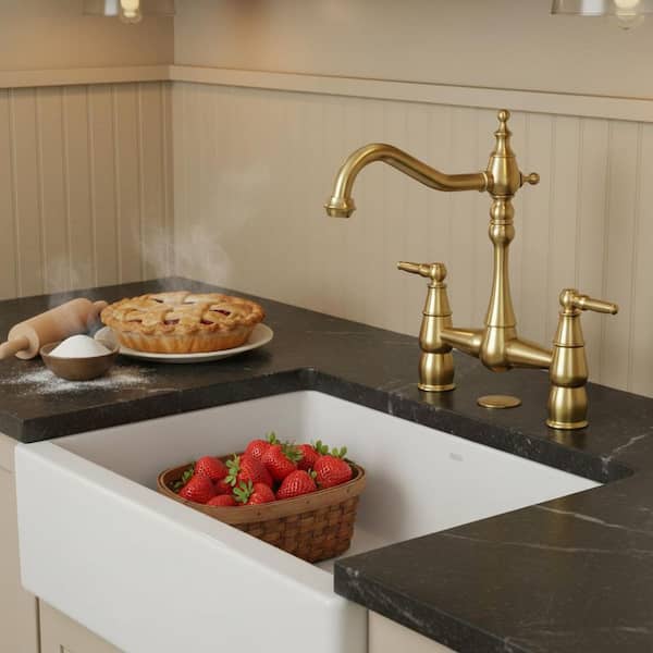 Deck Mounted Double Handle Bridge Kitchen Faucet, Bridge Basin Faucet with Hole Cover in Brushed Gold