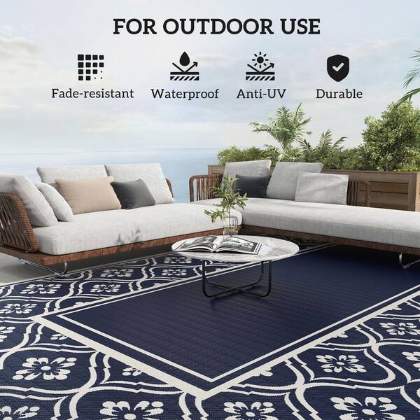 Outsunny - Blue and White Gourd Border 9 ft. x 18 ft. Waterproof Plastic Straw Floor Mat Large Reversible Outdoor Rug Area Rug