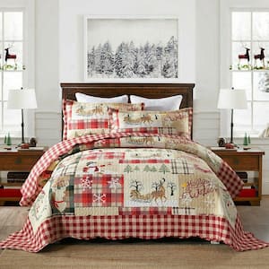 B010 Christmas 3-Piece Red/Multi Rustic Lodge Deer Polyester King Size Christmas Quilt Set