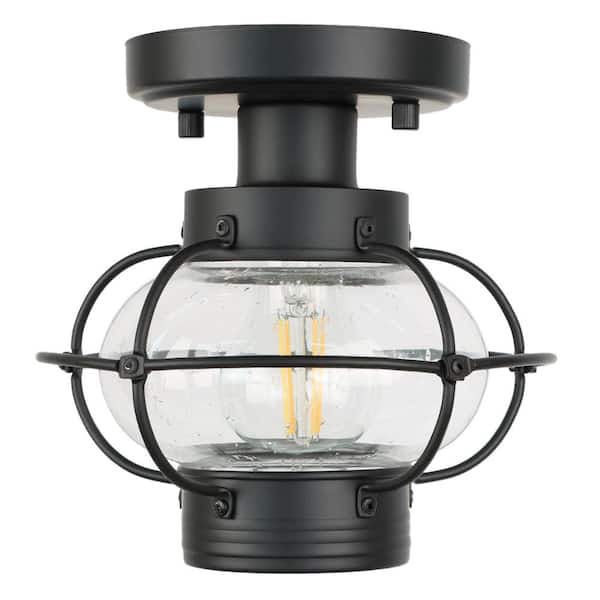 HKMGT 7.5 in. 1-Light Black Flush Mount Ceiling Light with Seeded Glass Shade and No Bulbs Included