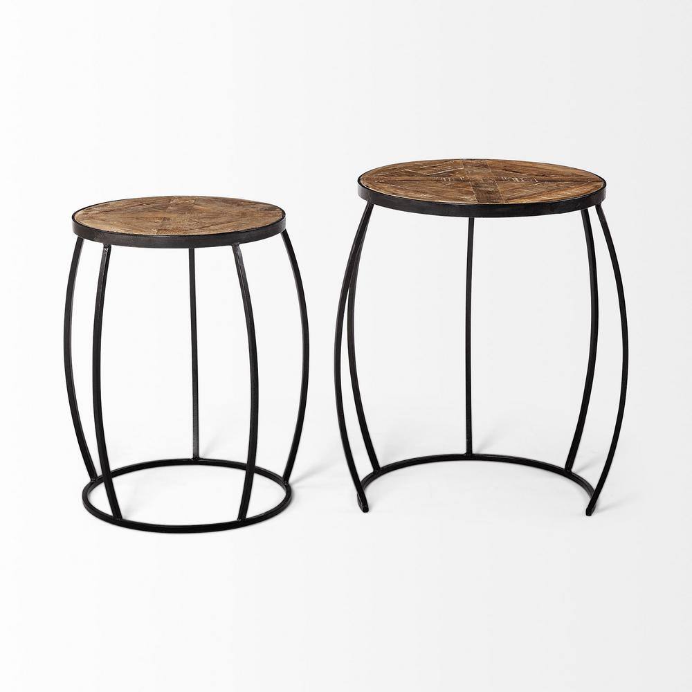 Medium Brown Round Mango Wood and Black Iron Nesting Accent Tables Set