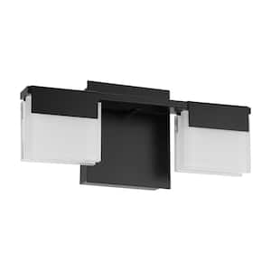 Vente 12.6 in. W x 5.71 in. H 2-Light Matte Black Integrated LED Bathroom Vanity Light with Frosted Glass Shades
