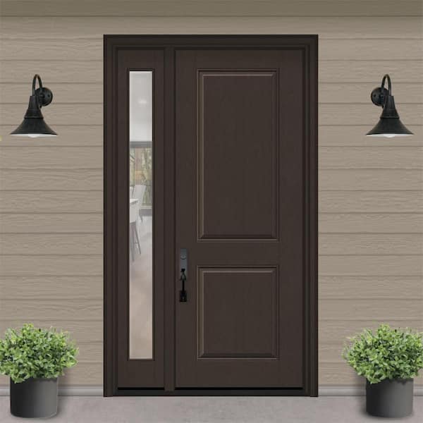Regency 51 in. x 96 in. 2P Squaretop RHIS Hickory Stain Mahogany Fiberglass Prehung Front Door w/ Clear 12 in. SL 6-9/16