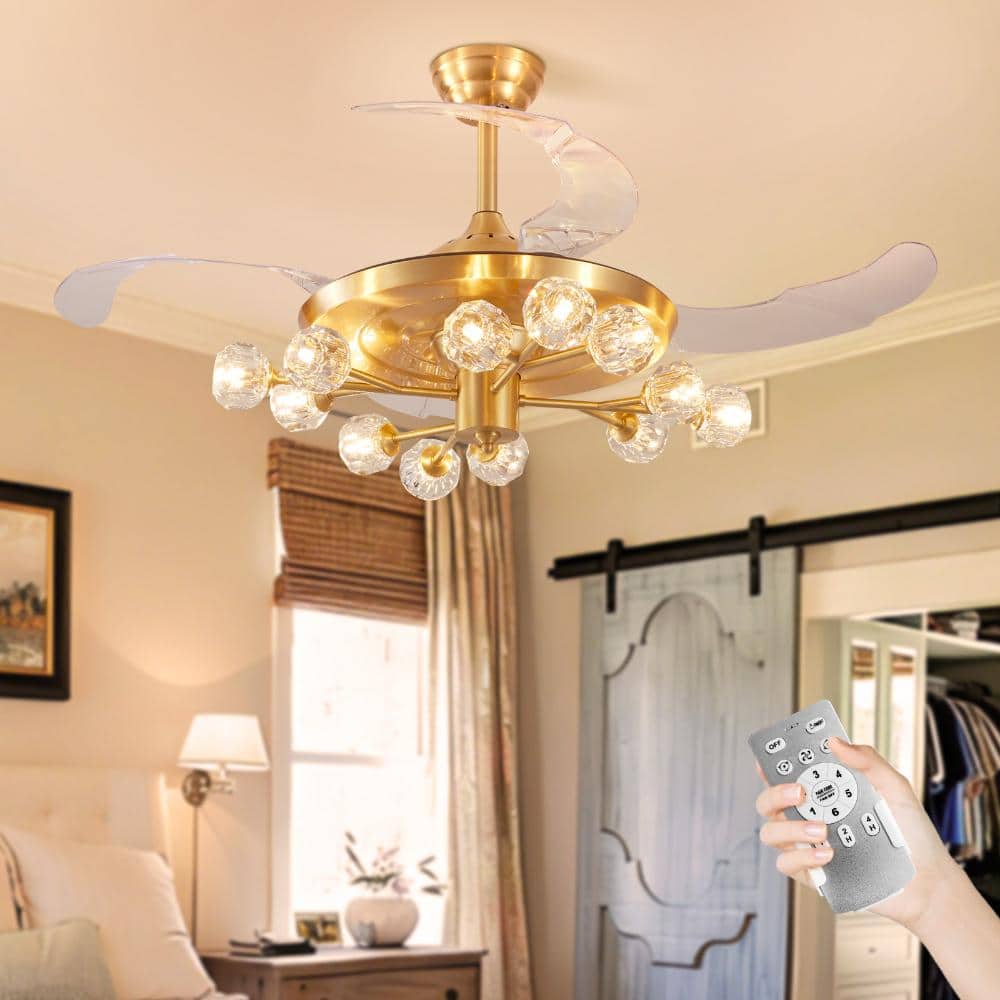 48 in. Retractable Clear 4-Blade Modern Sputnik Ceiling Fans with Lights 12*G9 (excl.bulb) Luxury Gold Chandelier price history on PriceWatchPro