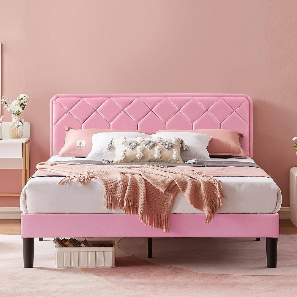 VECELO Bed Frame With Upholstered Headboard, Pink Metal Frame Queen ...