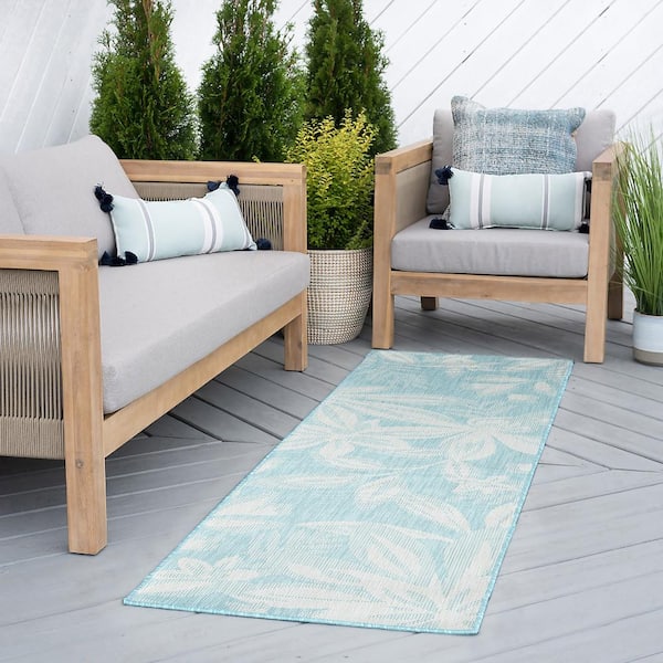 Eco Floral Aqua 2 ft. x 8 ft. Indoor/Outdoor Runner Rug