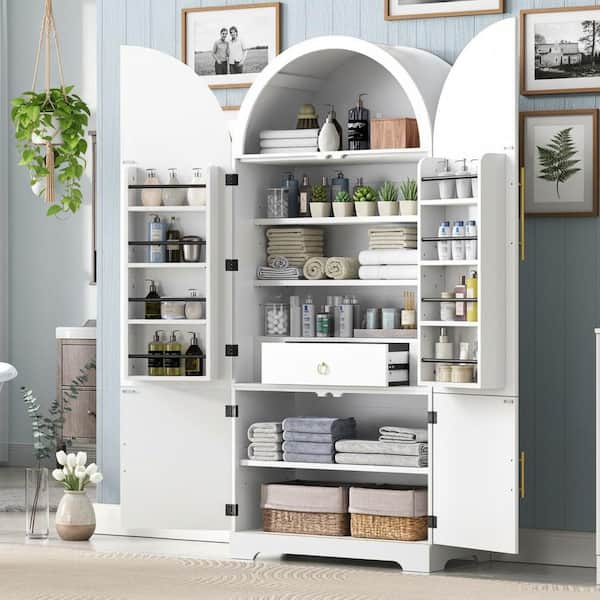 Farmhouse Fluted White Wood 31.5 in. Kitchen Island Arched Versatile Pantry Cupboard with Hidden Drawer and 4-Door