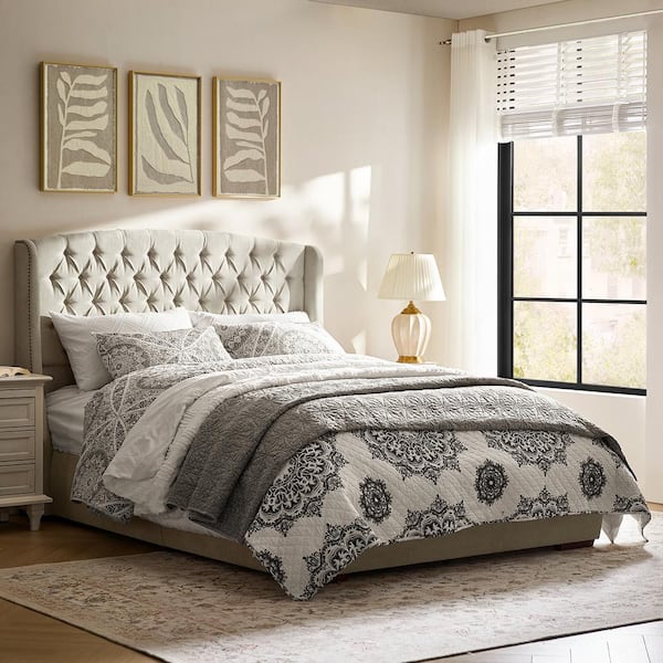 JAYDEN CREATION Adrian Beige 66.25 in. Wood Frame Queen Panel Bed with Hydraulic Storage and Nailhead Trims