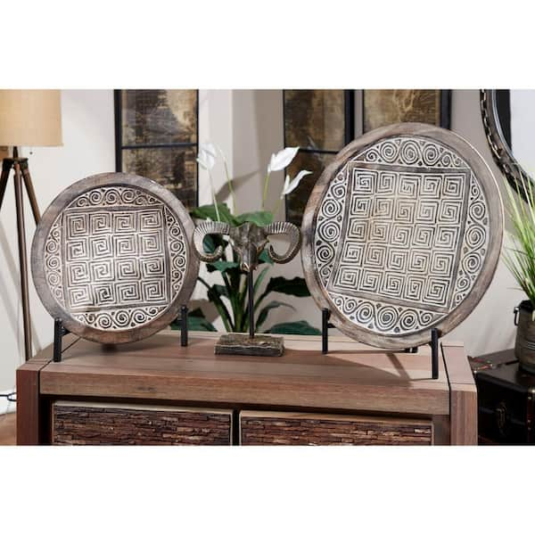 Harper Willow Eclectic Hand-Carved Brown White Wood Wall Decor with Tribal Design Set of 2 28429