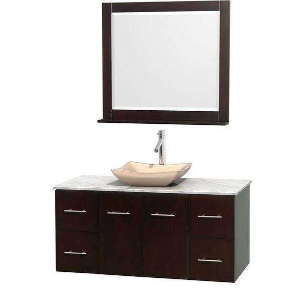 Wyndham Collection Centra 48 in. Vanity in Espresso with Marble Vanity Top in Carrara White, Ivory Marble Sink and 36 in. Mirror