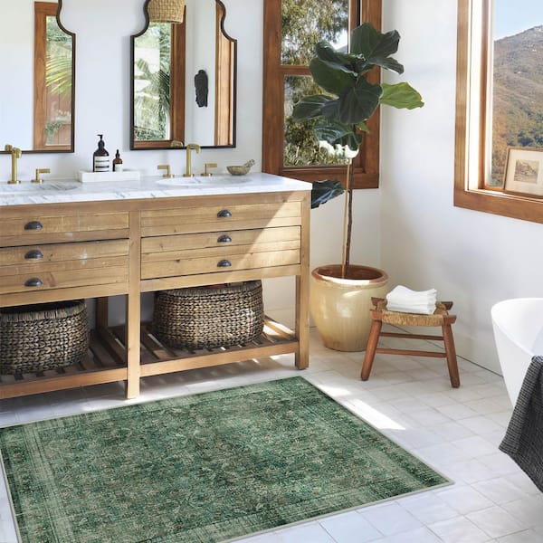 Machine Washable Rug with Standard Pad-Frances Jade Green 3 ft. x 5 ft.