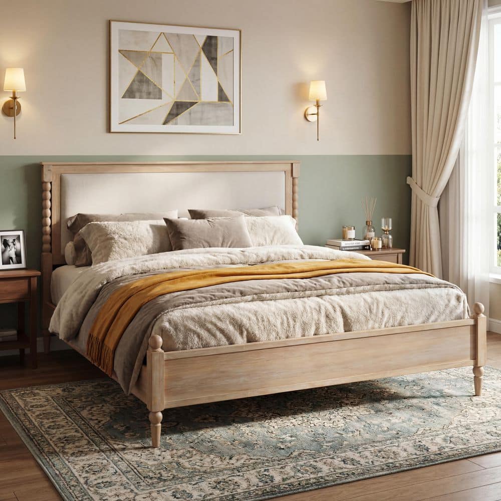 Natural(Brown) Solid Wood Frame King Platform Bed with Upholstered Headboard