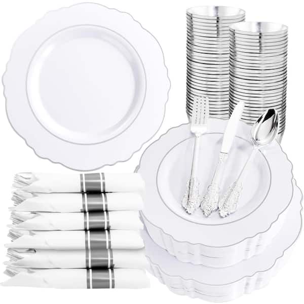 Baroque Silver and White Disposable Dinnerware Set, 350-Piece with 100 Plates, 50 Napkins, 50 Cups at events