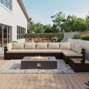 8-Pieces Wicker Patio Furniture Set With Gas Propane Concrete Fire Pit Table, Conversation Set with Beige Cushions